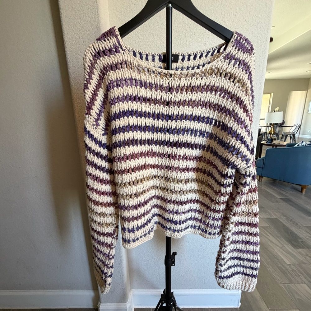 Line Striped Open-Knit Scoop Neck Sweater - Cream & Purple S